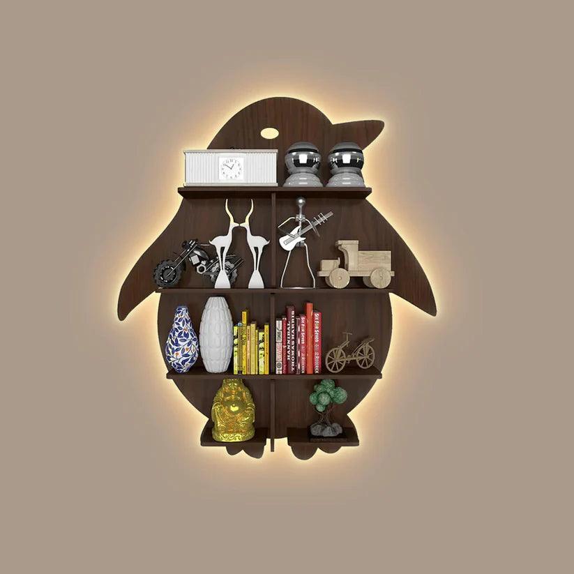 Penguin Backlit Designer Wooden Wall Shelf / Book Shelf / Night Light, Walnut Finish - Decor Mantra 
