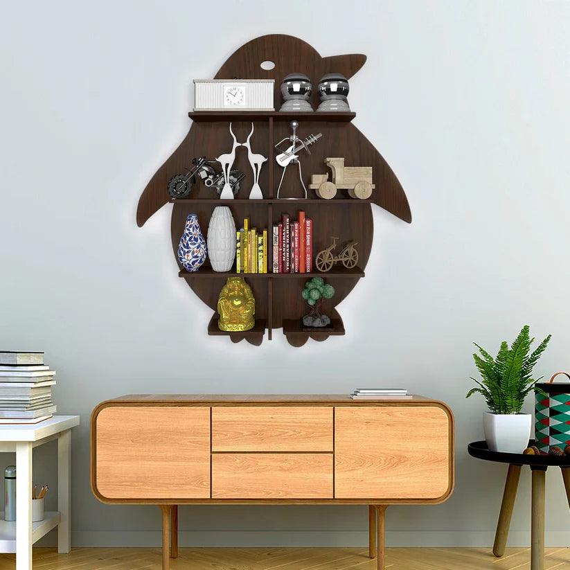 Penguin Backlit Designer Wooden Wall Shelf / Book Shelf / Night Light, Walnut Finish - Decor Mantra 