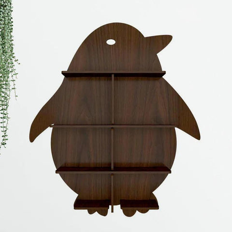 Penguin Backlit Designer Wooden Wall Shelf / Book Shelf / Night Light, Walnut Finish - Decor Mantra 