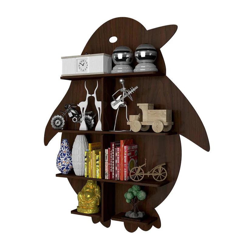Penguin Backlit Designer Wooden Wall Shelf / Book Shelf / Night Light, Walnut Finish - Decor Mantra 