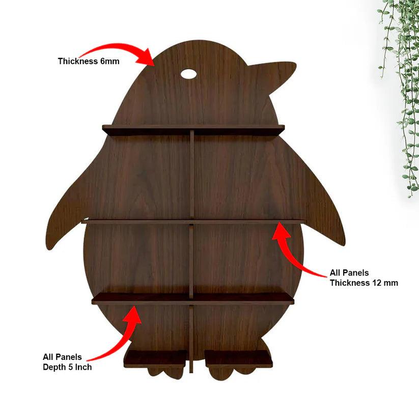 Penguin Backlit Designer Wooden Wall Shelf / Book Shelf / Night Light, Walnut Finish - Decor Mantra 
