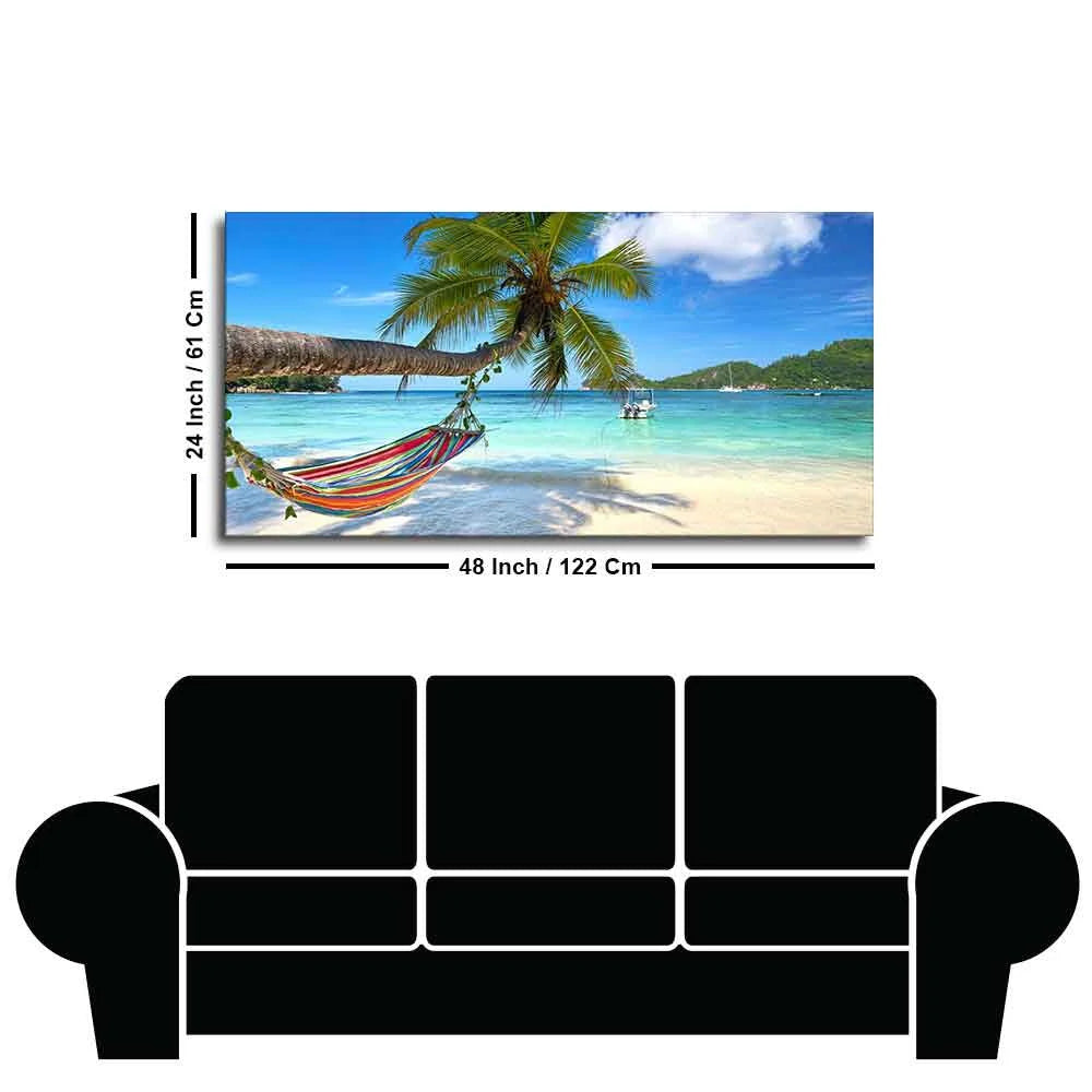 Perfect Beach with Palm Tree and Hammock Premium Canvas Wall Hanging DECORMANTRA
