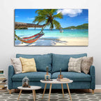 Perfect Beach with Palm Tree and Hammock Premium Canvas Wall Hanging DECORMANTRA
