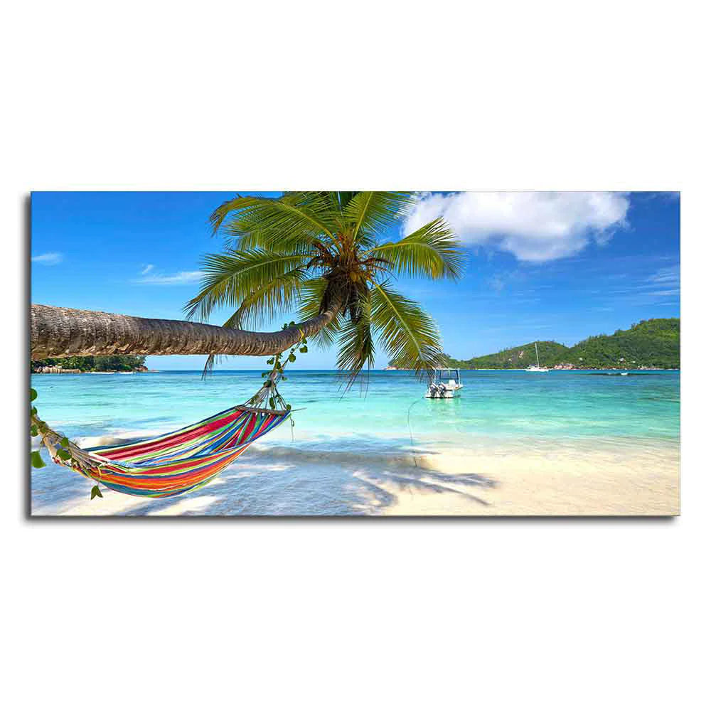 Perfect Beach with Palm Tree and Hammock Premium Canvas Wall Hanging DECORMANTRA