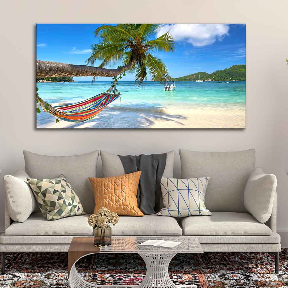 Perfect Beach with Palm Tree and Hammock Premium Canvas Wall Hanging DECORMANTRA