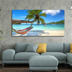 Perfect Beach with Palm Tree and Hammock Premium Canvas Wall Hanging DECORMANTRA