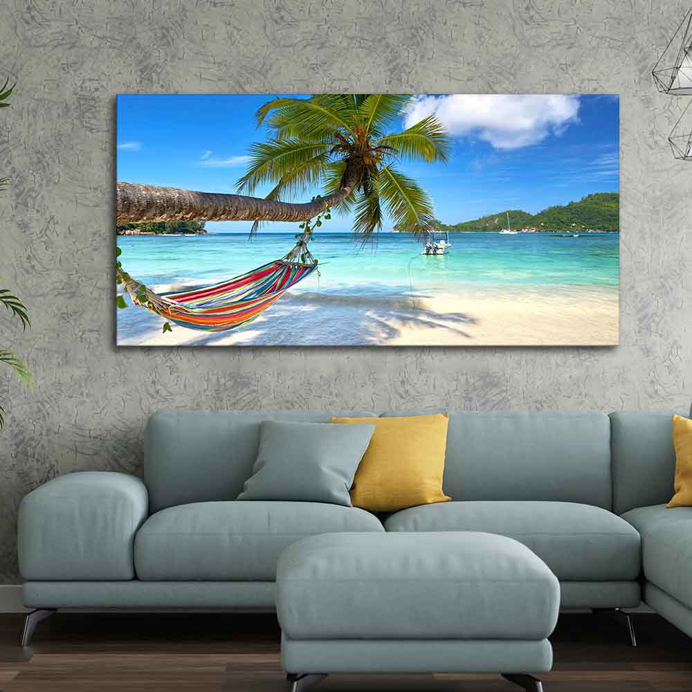 Perfect Beach with Palm Tree and Hammock Premium Canvas Wall Hanging DECORMANTRA