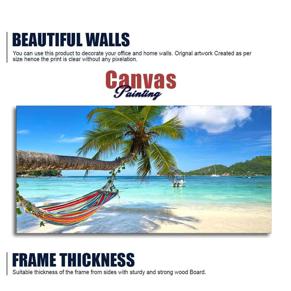 Perfect Beach with Palm Tree and Hammock Premium Canvas Wall Hanging DECORMANTRA