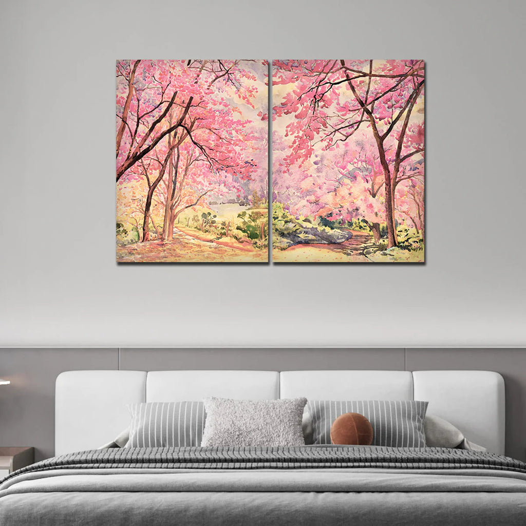 Pink Flower Trees Nature Forest Premium Bedroom Wall Painting DECORMANTRA