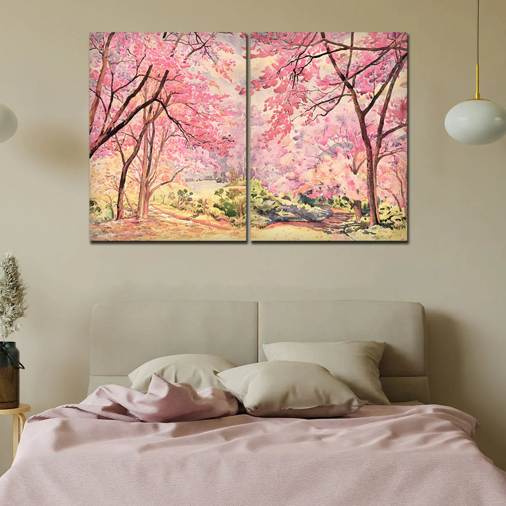 Pink Flower Trees Nature Forest Premium Bedroom Wall Painting DECORMANTRA