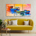 Premium 3 Pieces Wall Painting of Boats in Sunset DECORMANTRA