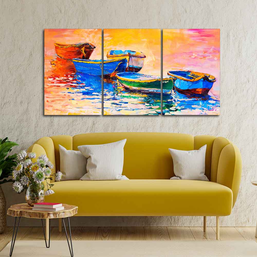 Premium 3 Pieces Wall Painting of Boats in Sunset DECORMANTRA