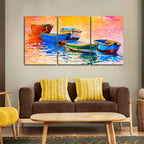 Premium 3 Pieces Wall Painting of Boats in Sunset DECORMANTRA