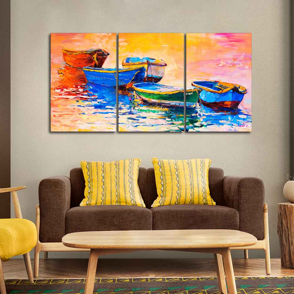 Premium 3 Pieces Wall Painting of Boats in Sunset DECORMANTRA