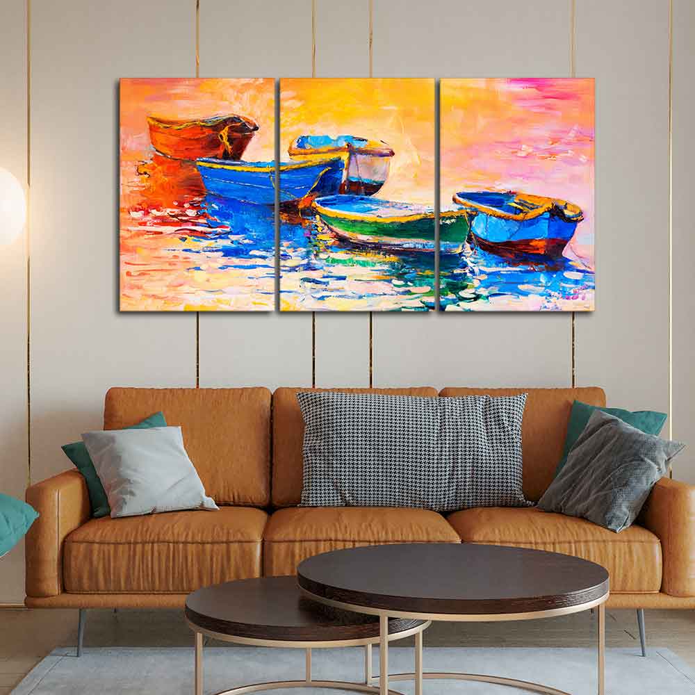 Premium 3 Pieces Wall Painting of Boats in Sunset DECORMANTRA