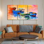 Premium 3 Pieces Wall Painting of Boats in Sunset DECORMANTRA