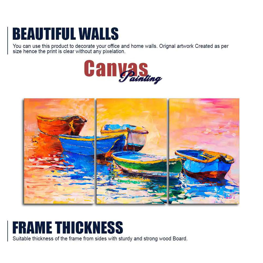 Premium 3 Pieces Wall Painting of Boats in Sunset DECORMANTRA