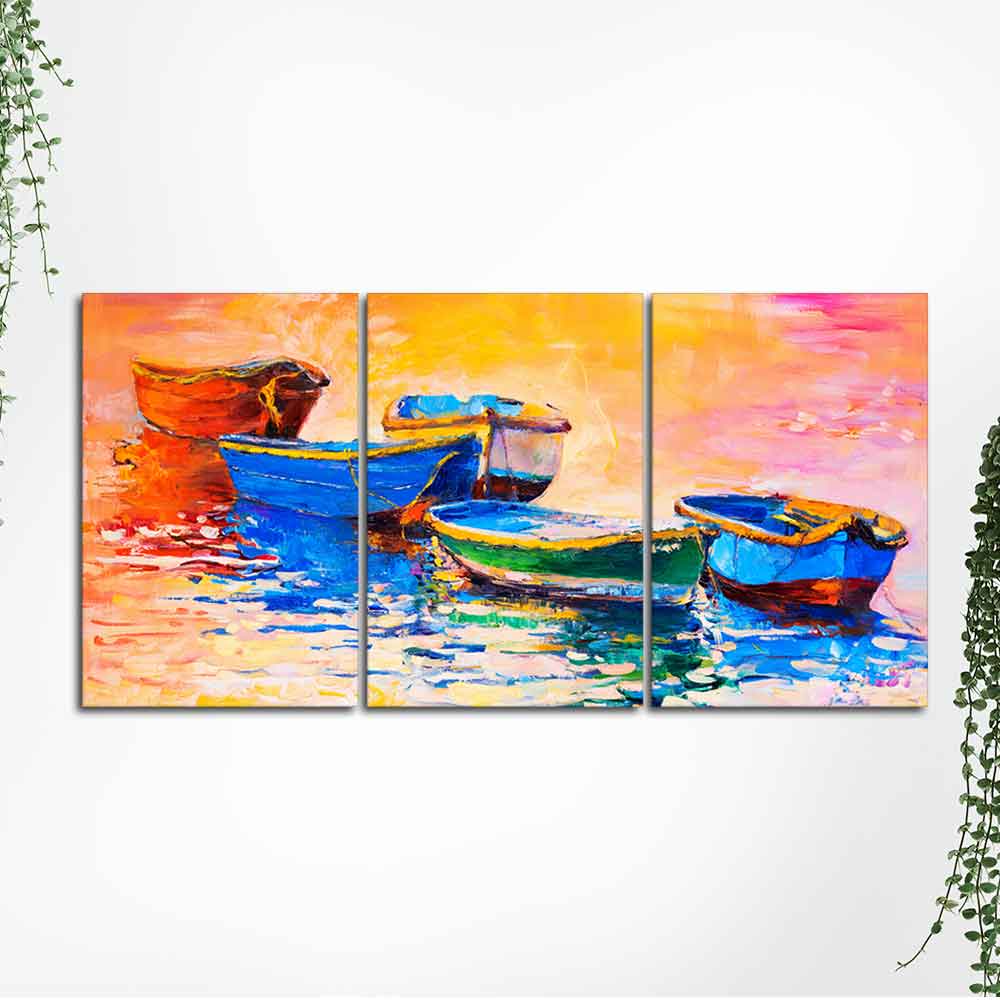 Premium 3 Pieces Wall Painting of Boats in Sunset DECORMANTRA