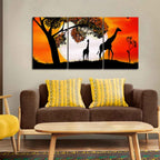 Premium 3 Pieces Wall Painting of Pair of Giraffe under a Tree in Sunset DECORMANTRA