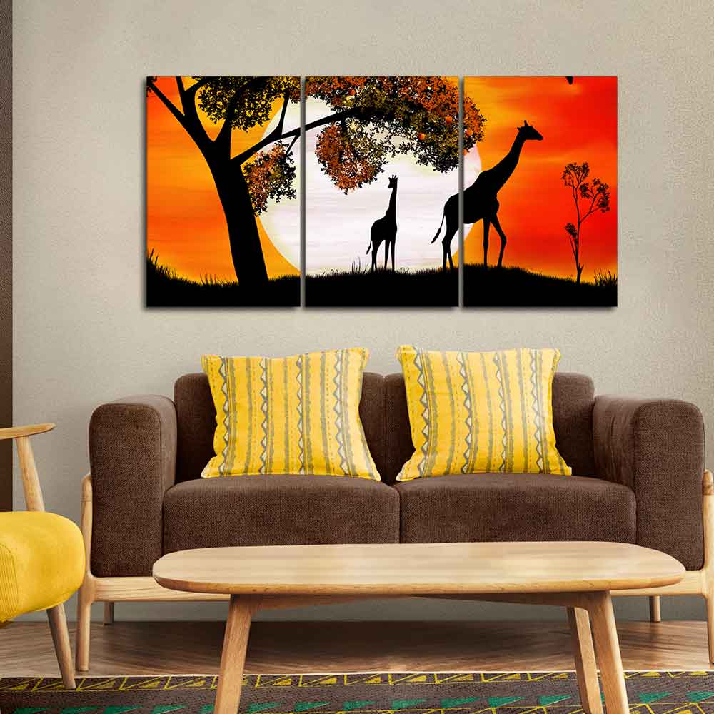 Premium 3 Pieces Wall Painting of Pair of Giraffe under a Tree in Sunset DECORMANTRA