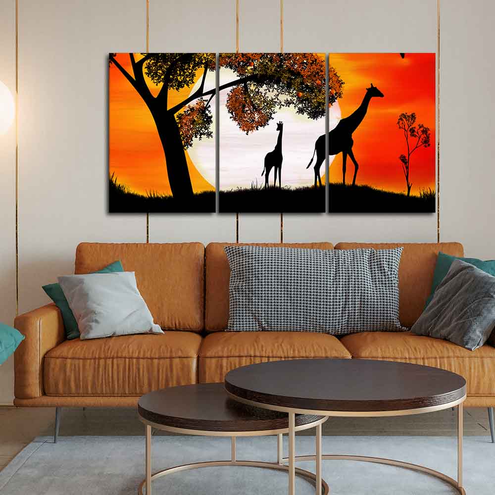 Premium 3 Pieces Wall Painting of Pair of Giraffe under a Tree in Sunset DECORMANTRA