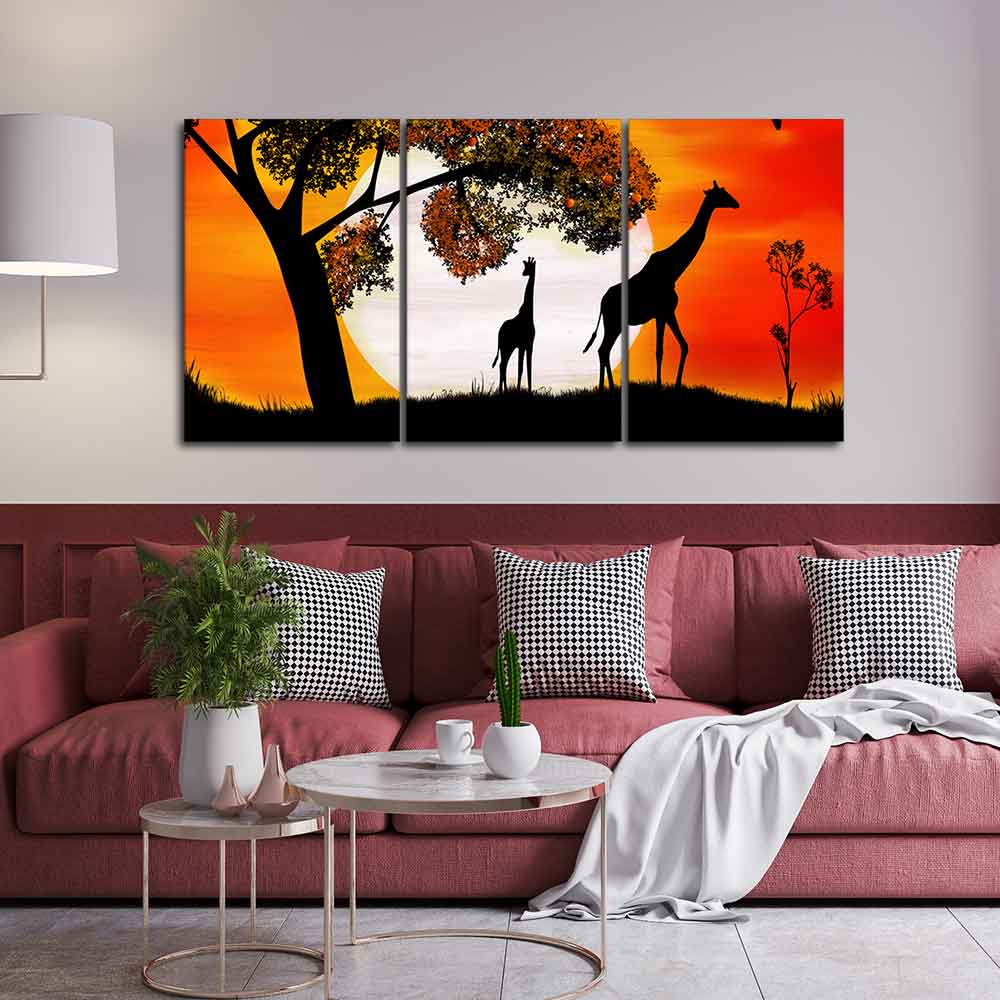Premium 3 Pieces Wall Painting of Pair of Giraffe under a Tree in Sunset DECORMANTRA