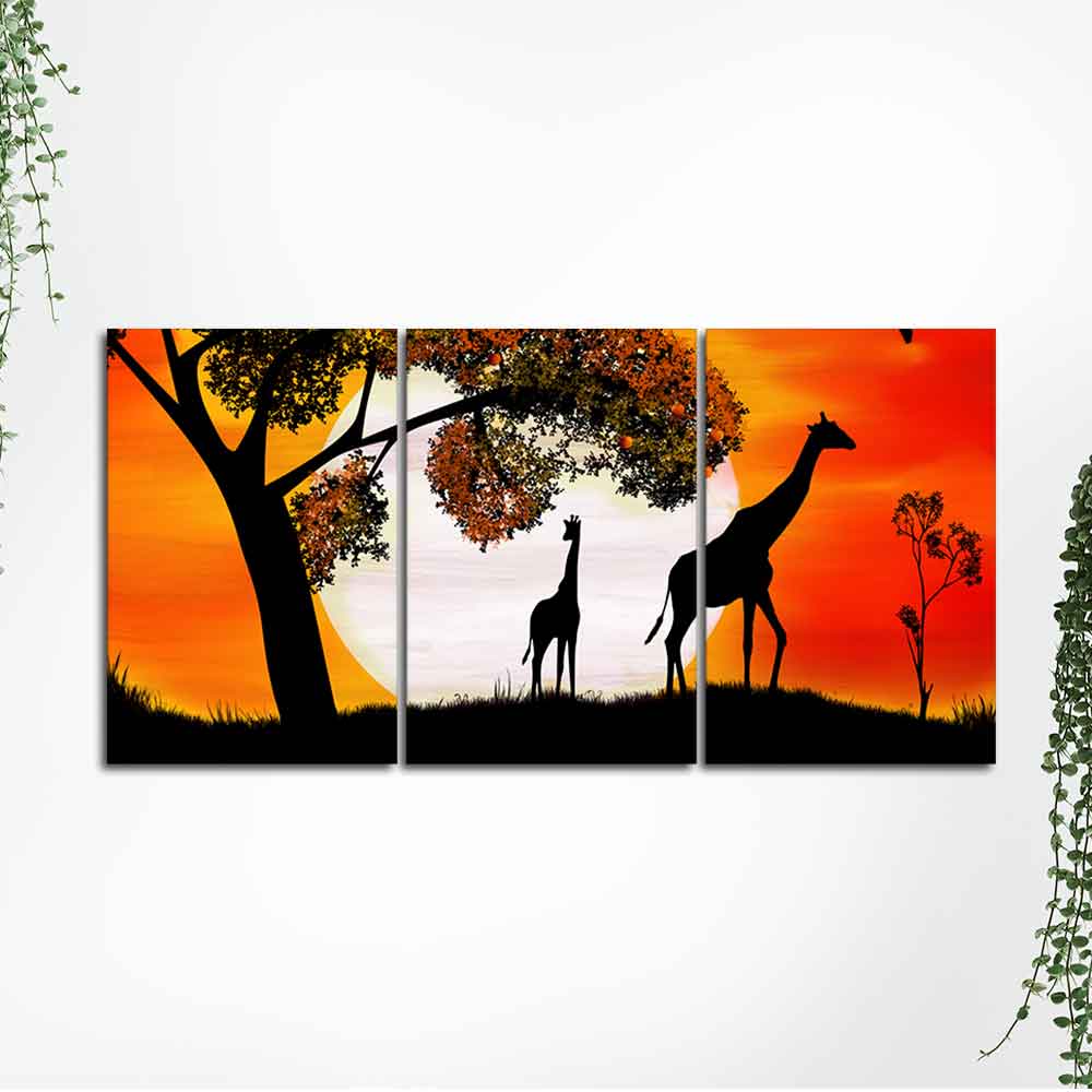 Premium 3 Pieces Wall Painting of Pair of Giraffe under a Tree in Sunset DECORMANTRA