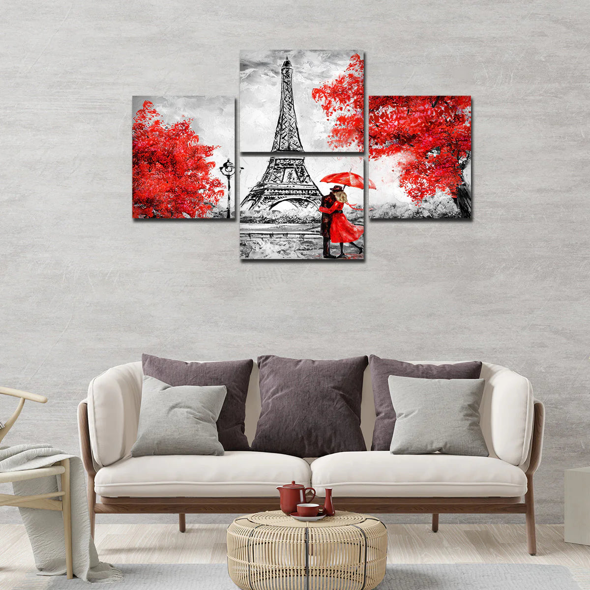 Premium 4 Pieces Wall Painting of Couple Under an Umbrella on Eiffel Tower Street DECORMANTRA