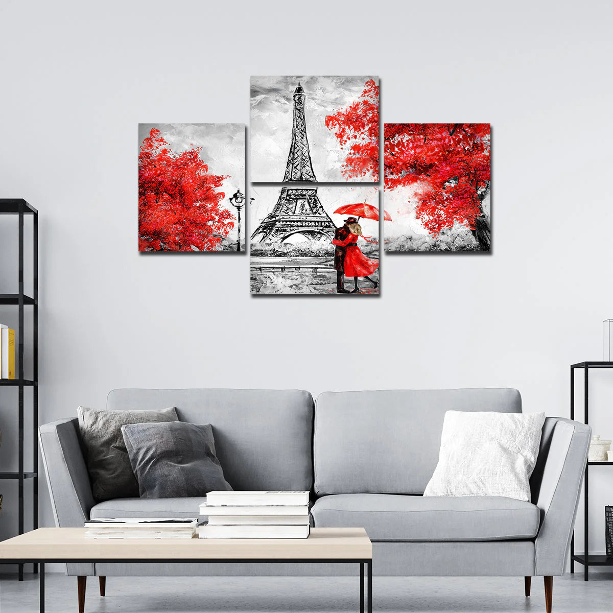 Premium 4 Pieces Wall Painting of Couple Under an Umbrella on Eiffel Tower Street DECORMANTRA