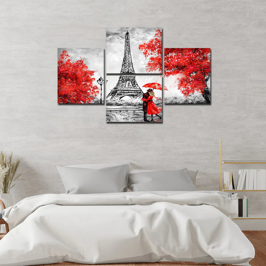 Premium 4 Pieces Wall Painting of Couple Under an Umbrella on Eiffel Tower Street DECORMANTRA