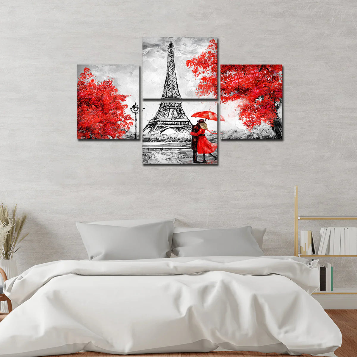 Premium 4 Pieces Wall Painting of Couple Under an Umbrella on Eiffel Tower Street DECORMANTRA