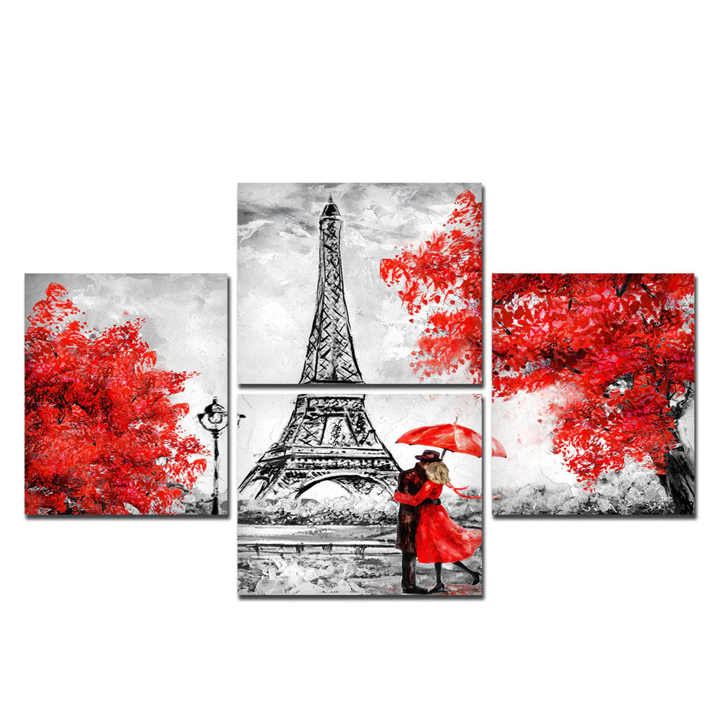 Premium 4 Pieces Wall Painting of Couple Under an Umbrella on Eiffel Tower Street DECORMANTRA