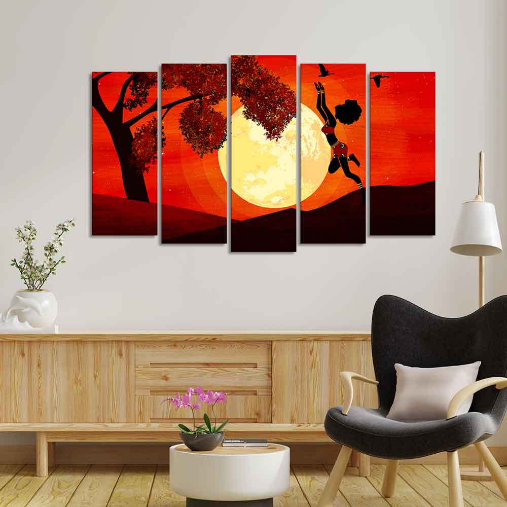 Premium 5 Pieces Wall Painting of African Sunset DECORMANTRA
