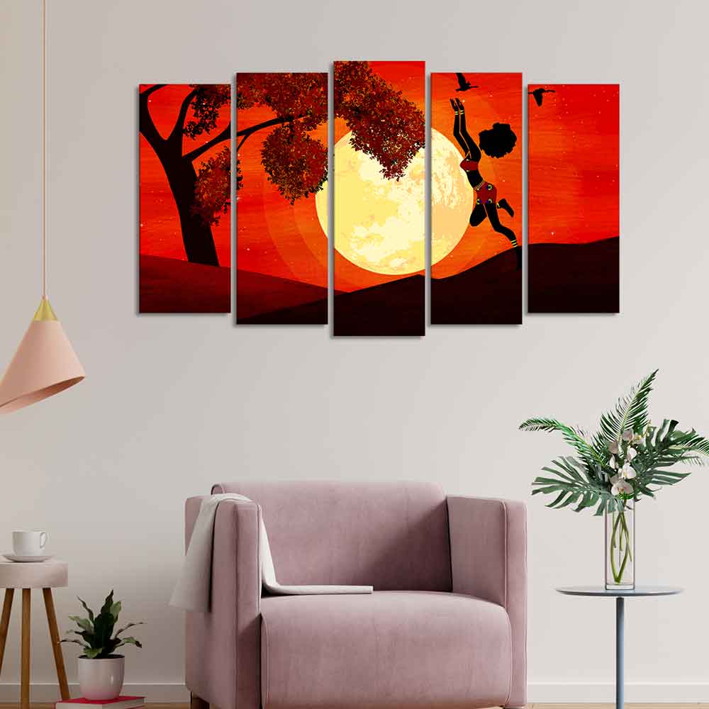 Premium 5 Pieces Wall Painting of African Sunset DECORMANTRA