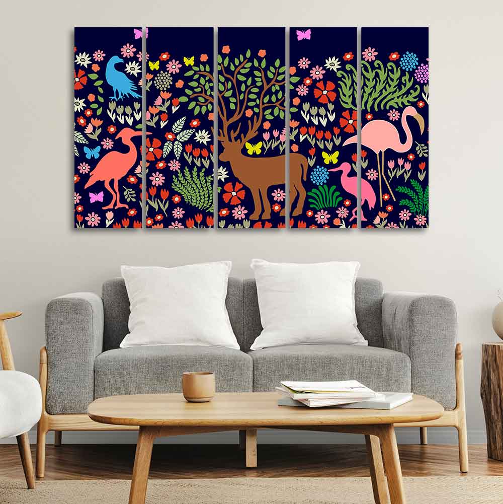 Premium Canvas Folk Art Painting of Animals in Dark Forest Set of Five DECORMANTRA