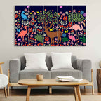 Premium Canvas Folk Art Painting of Animals in Dark Forest Set of Five DECORMANTRA