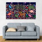 Premium Canvas Folk Art Painting of Animals in Dark Forest Set of Five DECORMANTRA