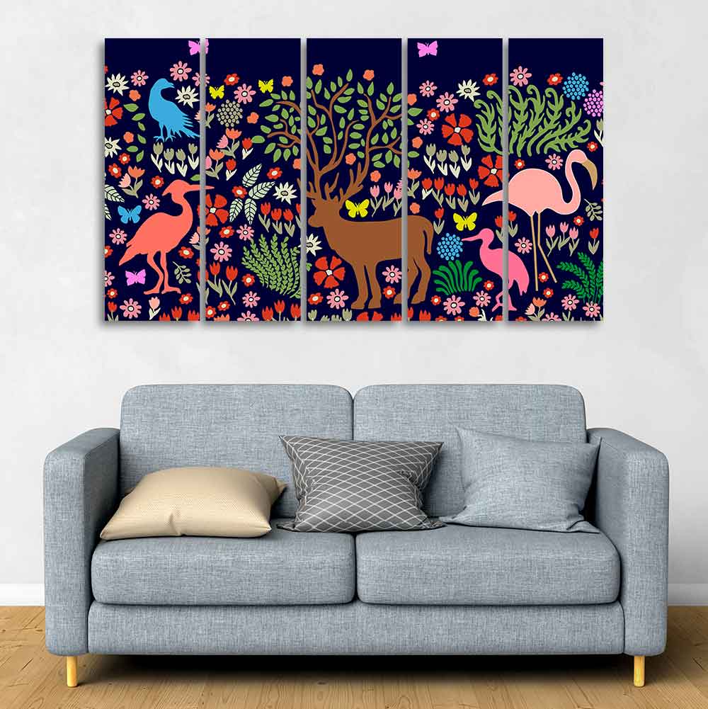 Premium Canvas Folk Art Painting of Animals in Dark Forest Set of Five DECORMANTRA