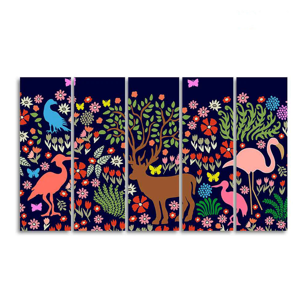 Premium Canvas Folk Art Painting of Animals in Dark Forest Set of Five DECORMANTRA
