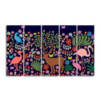 Premium Canvas Folk Art Painting of Animals in Dark Forest Set of Five DECORMANTRA