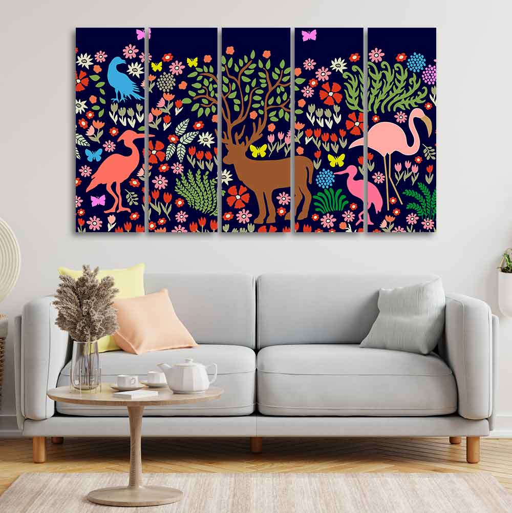 Premium Canvas Folk Art Painting of Animals in Dark Forest Set of Five DECORMANTRA