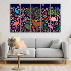 Premium Canvas Folk Art Painting of Animals in Dark Forest Set of Five DECORMANTRA