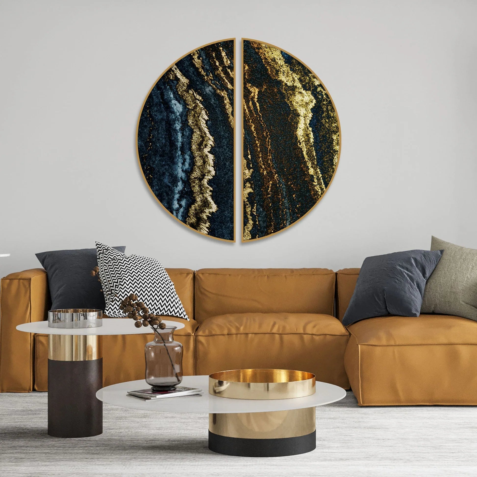 Premium Gold and Black Layered Marble Textured Semi Circle Frames Set Of 2 Decor Mantra