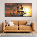 Premium Wall Painting of 3D Sailing Ship in Sunset DECORMANTRA