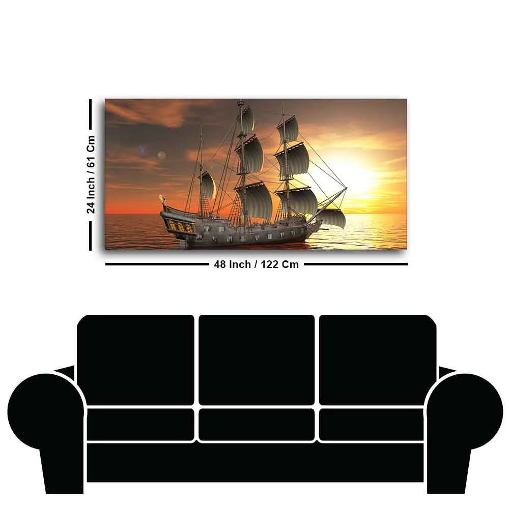 Premium Wall Painting of 3D Sailing Ship in Sunset DECORMANTRA