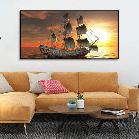 Premium Wall Painting of 3D Sailing Ship in Sunset