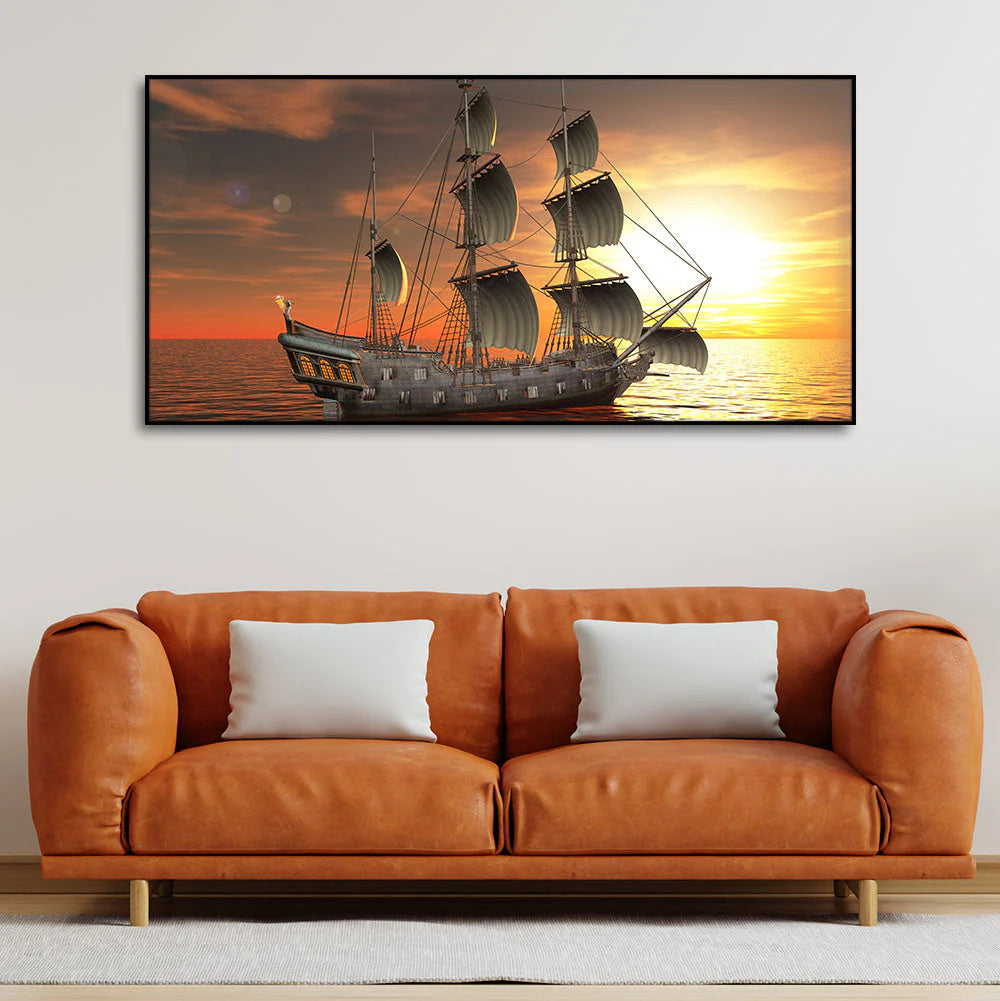 Premium Wall Painting of 3D Sailing Ship in Sunset DECORMANTRA
