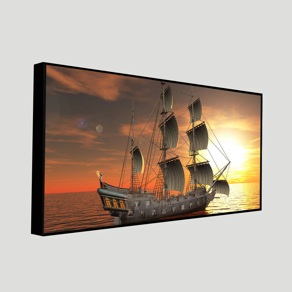 Premium Wall Painting of 3D Sailing Ship in Sunset DECORMANTRA