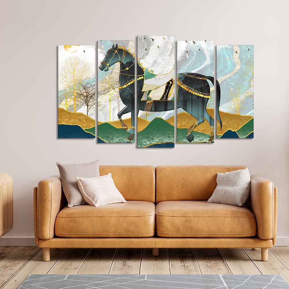 Premium Wall Painting of Horse and Golden trees of Five Pieces DECORMANTRA