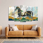 Premium Wall Painting of Horse and Golden trees of Five Pieces DECORMANTRA